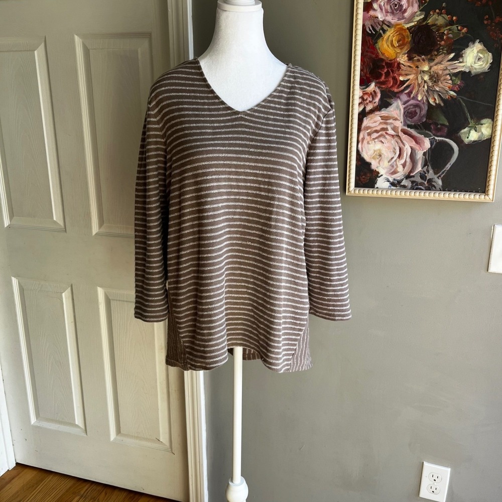 Chico's Mixed Stripe Tunic Top 3/4 Sleeve Neutral Browns Fall Casual 2 Chic - Picture 3 of 14